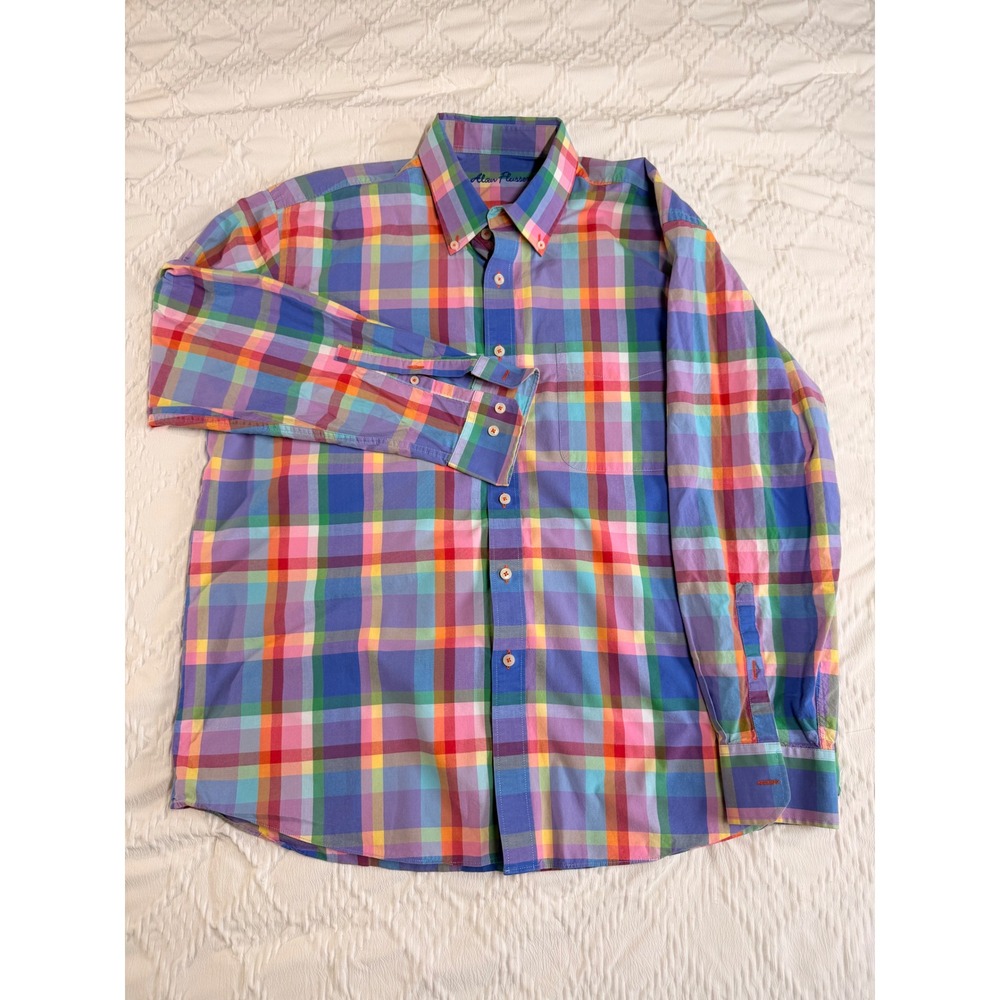 Alan Flusser Men's XL Plaid‎ Button Down Multicolor Cotton Long Sleeve Casual